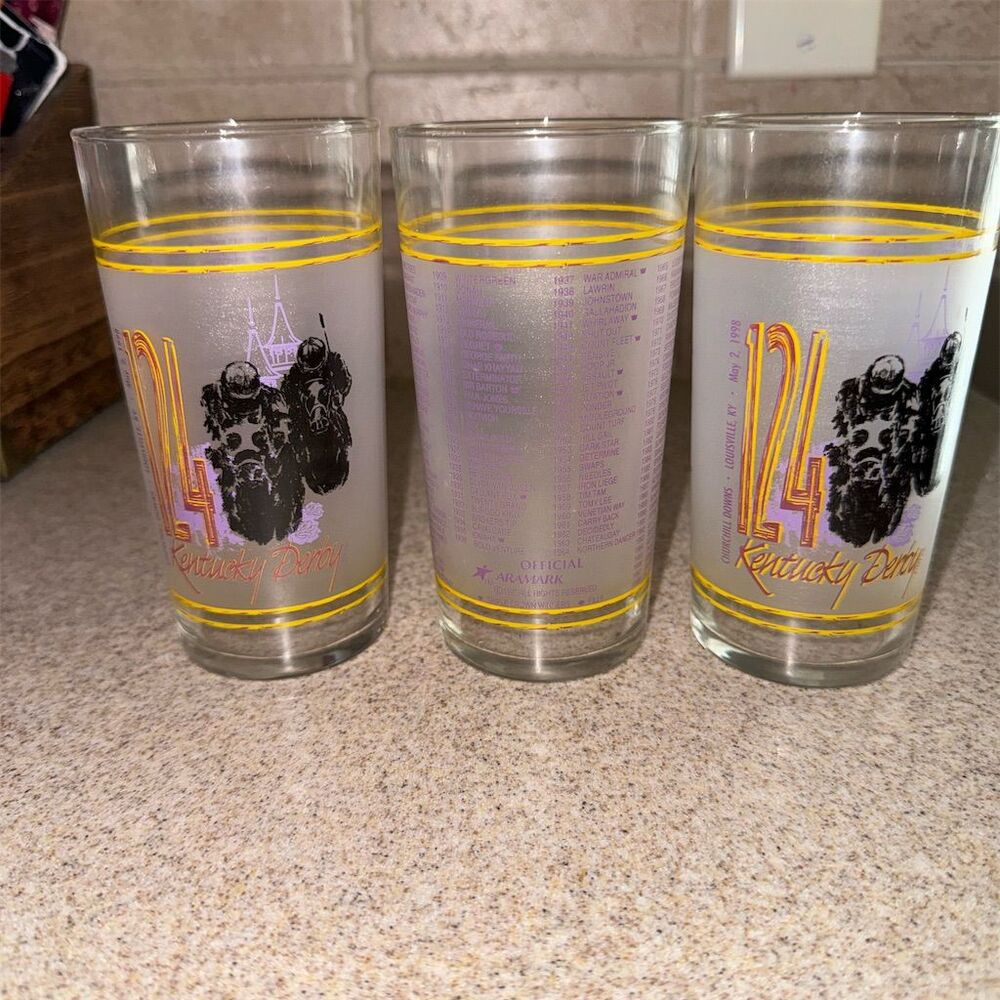 1998 Kentucky Derby Churchill Downs Frosted Glasses Set of 3 Vintage Barware